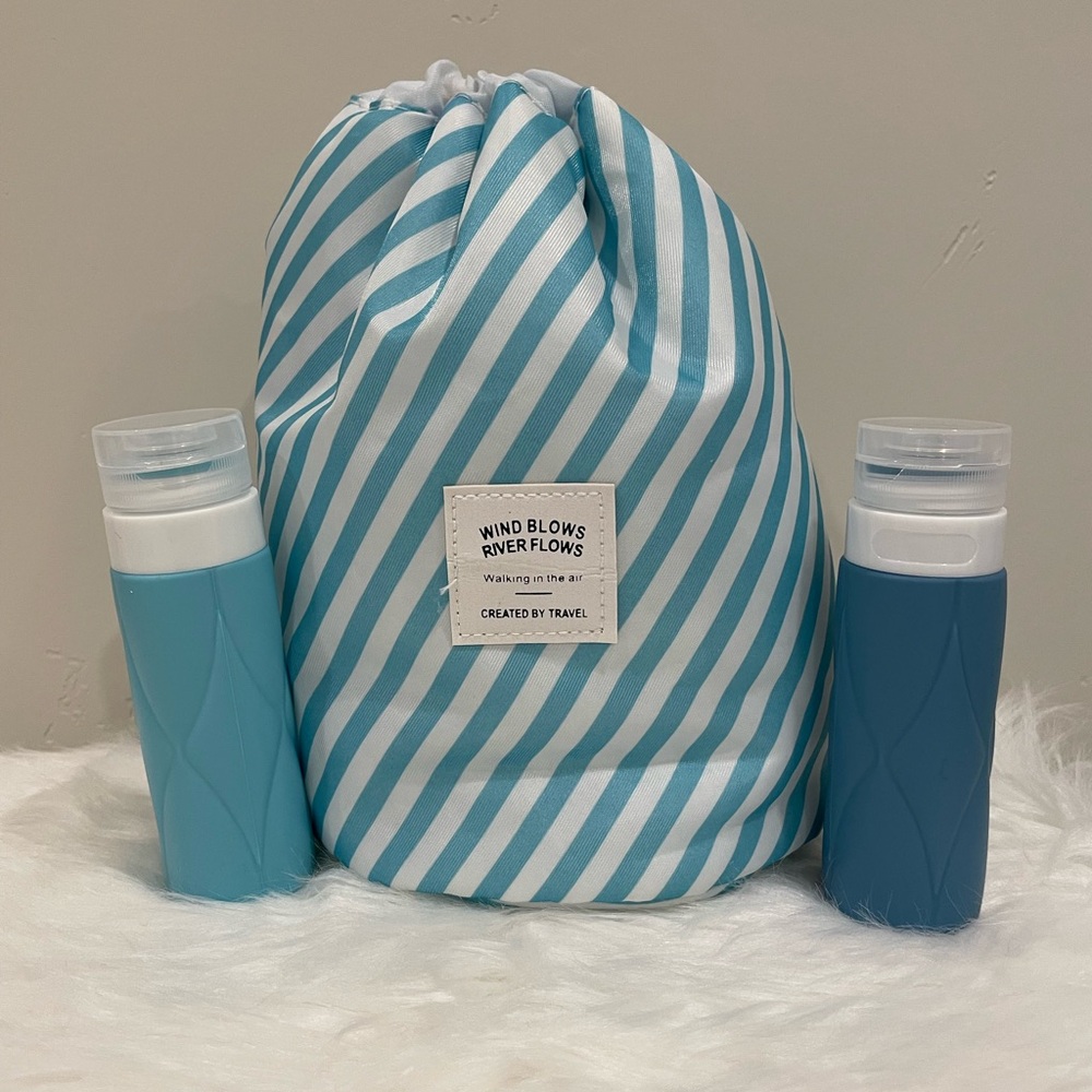 Portable Large Toiletry/Organizer Drawstring Bag. 3 oz TSA Travel Bottles. New.